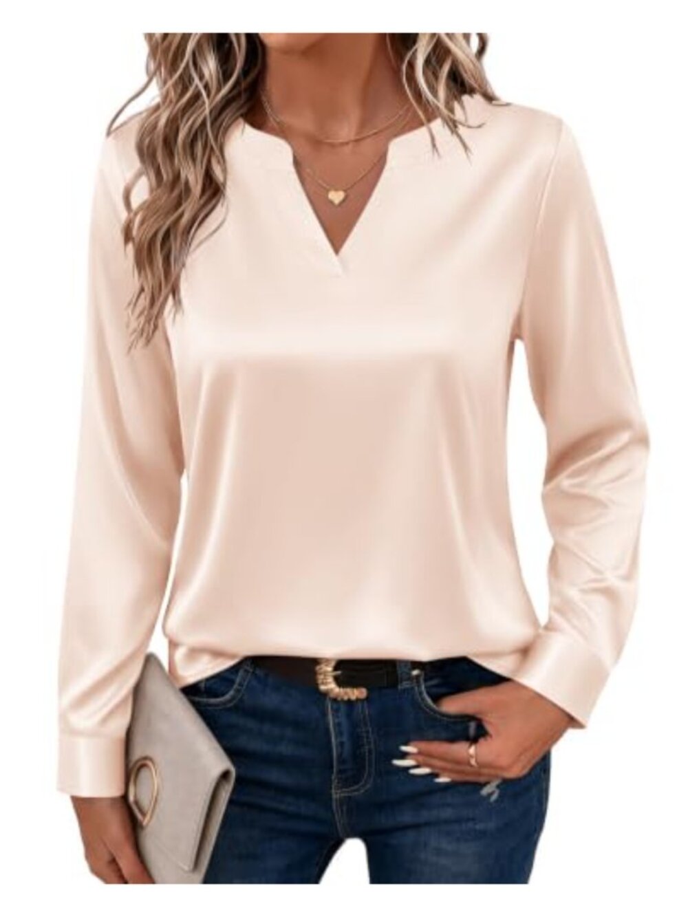 Satin Blouse Long Sleeve V-Neck Button Cuff Semi-Formal Top